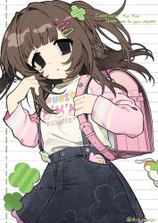  1girl animal_print backpack bag black_eyes brown_hair cardigan closed_mouth clover clover_hair_ornament denim denim_skirt english_text expressionless four-leaf_clover hair_between_eyes hair_ornament hairclip hand_up high-waist_skirt highres jacket long_hair long_sleeves looking_at_viewer messy_hair milk_(milk319319) musical_note original oversized_clothes pen pink_bag pink_jacket pocket print_shirt rabbit_print randoseru shirt side_ponytail signature simple_background skirt solo suspenders t-shirt upper_body white_background white_shirt 