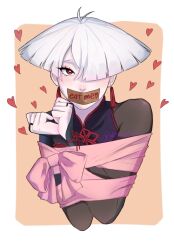  1girl a.k.i._(street_fighter) akichanhaohaoch blush bound bound_arms chinese_clothes earrings gag hair_over_one_eye heart heart-shaped_pupils highres impossible_hair improvised_gag jewelry red_eyes see-through_clothes see-through_sleeves short_hair solo street_fighter street_fighter_6 symbol-shaped_pupils tape tape_gag tassel white_hair 