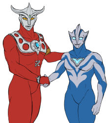  2boys alien armlet armor blue_eyes blue_skin bracelet color_timer colored_skin commentary emblem english_commentary forehead_jewel gold_armlet handshake highres horns jewelry looking_at_viewer male_focus meme multicolored_skin multiple_boys nervous_sweating orange_eyes pointy_ears red_skin silver_skin simple_background slatestyx smile studded_bracelet sweat tokusatsu trait_connection two-tone_skin ultra_series ultraman_leo ultraman_leo_(series) ultraman_teo ultraman_teo_(series) white_background young_michael_scott_shaking_ed_truck's_hand_(meme) 