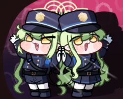  2girls :d armband belt black_tail blue_archive blue_armband buttons chibi commentary demon_tail double-breasted fang gloves green_hair green_halo grey_hair halo hat highlander_railway_academy_logo highres hikari_(blue_archive) leviathan_lvat long_hair long_sleeves multiple_girls nozomi_(blue_archive) open_mouth peaked_cap pleated_skirt pointy_ears shorts siblings sisters skirt smile tail train_conductor twins twintails untranslatable_commentary white_gloves yellow_eyes 