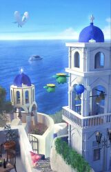  altaria bell boat building commentary creature_request deadcalm_(de6mpgi6jb44717) highres horizon jumpluff lamppost no_humans ocean pokemon scenery shore skiploom skitty tower town water watercraft 