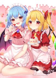  2girls alternate_costume apron ascot bat_wings black_thighhighs blonde_hair blue_hair blush brooch cake closed_mouth collared_dress commentary_request crystal crystal_wings dress eating enmaided flandre_scarlet food fruit highres holding holding_food holding_fruit holding_plate jewelry looking_at_viewer maid maid_headdress medium_hair multicolored_wings multiple_girls one_side_up open_mouth pink_dress pink_wrist_cuffs plate puffy_short_sleeves puffy_sleeves red_ascot red_dress red_eyes red_wrist_cuffs remilia_scarlet ruhika short_sleeves siblings sisters sitting smile socks strawberry strawberry_shortcake thigh-highs touhou waist_apron white_apron white_socks wings wrist_cuffs yellow_ascot 