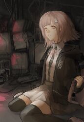  1girl breasts brown_hair brown_skirt collared_shirt commentary danganronpa_(series) danganronpa_2:_goodbye_despair english_commentary flipped_hair hair_ornament highres hood jacket lepisspit long_sleeves medium_hair nanami_chiaki neck_ribbon open_clothes open_jacket pink_eyes pink_ribbon pleated_skirt ribbon shirt sitting skirt solo teeth television thigh-highs two-tone_shirt white_shirt 