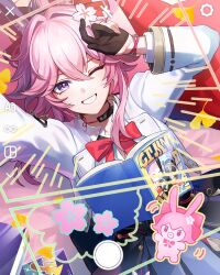  1girl absurdres animal_ears black_gloves bow commentary english_commentary evanescia_(honkai:_star_rail) flower fox_ears fox_girl gloves hair_between_eyes hair_flower hair_ornament highres honkai:_star_rail honkai_(series) long_sleeves looking_at_viewer one_eye_closed partially_fingerless_gloves pink_hair red_bow second-party_source shibuki_kamone shirt short_hair_with_long_locks smile upper_body violet_eyes white_shirt 