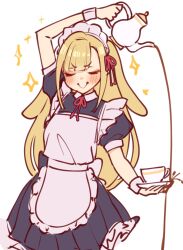  1girl animal_ears blonde_hair cho_kaguya-hime! closed_eyes closed_mouth commentary cup decantering english_commentary enmaided highres holding holding_plate holding_teapot kaguya_(cho_kaguya-hime!) long_hair lop_rabbit_ears maid plate pouring puffy_short_sleeves puffy_sleeves rabbit_ears sher_(imnotsher) short_sleeves simple_background smile solo sparkle spilling teacup teapot very_long_hair white_background 