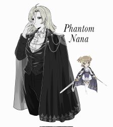  1girl alternate_hairstyle ascot black_cape black_pants black_suit black_thighhighs boots bow bowtie brown_hair buttons cape chain character_name closed_mouth collared_shirt commentary corrupted_twitter_file cosplay cowlick cropped_legs cropped_torso curtained_hair daiba_nana deformed dress dress_shirt dual_wielding earrings epaulettes erik_(phantom_of_the_opera) erik_(phantom_of_the_opera)_(cosplay) expressionless eye_mask garter_straps gloves green_eyes hair_down half_eye_mask hand_on_mask hand_on_own_cheek hand_on_own_face hand_up highres holding jacket jewelry lace lace_thighhighs lapels long_sleeves looking_at_viewer mask medium_hair muted_colors pants phantom_of_the_opera purple_cape purple_dress reference_inset sapphi_(sky_dreamsky) shirt short_dress short_hair short_twintails shoujo_kageki_revue_starlight shoujo_kageki_revue_starlight_-re_live- simple_background single_earring smile spot_color standing striped_clothes striped_shirt suit suit_jacket thigh-highs thigh_boots twintails two-sided_cape two-sided_fabric two-tone_cape vertical-striped_clothes vertical-striped_shirt white_ascot white_background white_boots white_bow white_bowtie white_dress white_gloves white_shirt 
