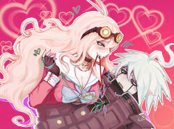  1boy 1girl ahoge android antenna_hair armor barbed_wire biting blonde_hair cable danganronpa_(series) danganronpa_v3:_killing_harmony deaddaiers fingerless_gloves gloves goggles goggles_on_head hair_ornament heart hetero highres iruma_miu k1-b0 musical_note musical_note_hair_ornament no_dickey pale_skin pink_background pink_serafuku pink_shirt power_armor robot school_uniform serafuku shirt white_hair wire 