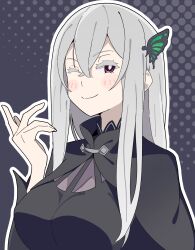  1girl black_capelet black_dress blush_stickers breasts butterfly_hair_ornament capelet colored_eyelashes commentary_request crossed_bangs dress echidna_(re:zero) hair_between_eyes hair_ornament hand_up highres layered_dress long_hair long_sidelocks looking_at_viewer medium_breasts noyama_takenoko one_eye_closed outline polka_dot polka_dot_background re:zero_kara_hajimeru_isekai_seikatsu sidelocks smile solo upper_body very_long_hair violet_eyes white_eyelashes white_hair white_outline 