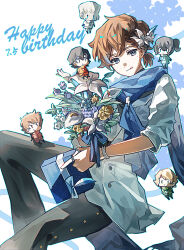  1girl 5boys :3 :q alternate_costume animification black_pants blue_eyes blue_scarf bouquet box brown_hair chibi chibi_inset cole_(ninjago) flower freckles gift gift_box hair_between_eyes happy_birthday highres holding holding_bouquet jay_(ninjago) jewelry kai_(ninjago) knee_up likai755 lloyd_garmadon low_ponytail male_focus multiple_boys ninjago nya_(ninjago) pants ponytail ring scarf shirt short_hair solo_focus tongue tongue_out white_flower white_shirt yellow_flower zane_(ninjago) 