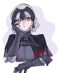  1girl armor black_armor black_capelet black_dress boobplate breasts capelet chain closed_mouth cropped_torso dress eyelashes fate/grand_order fate_(series) gauntlets grey_hair hair_between_eyes hand_on_own_face hand_up headpiece highres jeanne_d'arc_alter_(avenger)_(fate) jeanne_d'arc_alter_(fate) jewelry large_breasts lliexrn long_sleeves neck_ring short_hair simple_background solo torn_capelet torn_clothes upper_body white_background yellow_eyes 