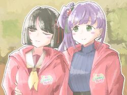  2girls black_hair bloom_garden_party_jacket blue_sweater blunt_bangs blunt_ends blush bob_cut brown_dress closed_mouth commentary_request dress flower green_background green_eyes hair_bun hair_flower hair_ornament hasu_no_sora_school_uniform kochi_(5chi) long_sleeves looking_at_another looking_to_the_side love_live! love_live!_hasu_no_sora_jogakuin_school_idol_club love_live!_hasu_no_sora_jogakuin_school_idol_club_bloom_garden_party momose_ginko multiple_girls neckerchief otomune_kozue purple_hair red_flower ribbed_sweater sailor_collar sailor_dress school_uniform short_hair side_ponytail sidelocks single_side_bun smile sweater triangle_hair_ornament turtleneck turtleneck_sweater virtual_youtuber white_sailor_collar winter_uniform yellow_neckerchief 