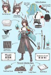  1girl animal_ears character_sheet hoshimi_miyabi katana long_hair sarashi tailless_(zenless_zone_zero) underwear zenless_zone_zero 