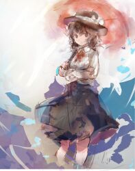  1girl black_skirt bow bowtie brown_eyes brown_hair closed_mouth commentary highres holding holding_umbrella long_sleeves medium_hair rain red_bow red_bowtie red_umbrella shirt skirt solo standing touhou umbrella usami_renko uwazumi white_shirt 