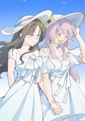  2girls :d alternate_costume bang_dream! bang_dream!_it's_mygo!!!!! blue_background blue_eyes brown_hair chihaya_anon chinese_commentary choker closed_eyes closed_mouth commentary_request commission cowboy_shot day dress dress_ribbon fang gradient_background hand_on_headwear hand_up hat highres holding_hands interlocked_fingers lanserongjie long_hair multiple_girls nagasaki_soyo open_mouth pink_hair ribbon second-party_source skin_fang sky smile standing sun_hat sundress white_choker white_dress white_hat white_ribbon yuri 