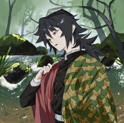  1boy belt black_hair black_jacket blue_eyes buttons commentary_request demon_slayer_uniform forest giyu_ice gold_buttons hair_between_eyes hand_up haori high_collar jacket japanese_clothes kikkoumon kimetsu_no_yaiba long_hair low_ponytail male_focus nature outdoors parted_lips ponytail print_haori red_haori river solo spiky_hair teeth tomioka_giyuu upper_body upper_teeth_only white_belt 