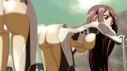  2girls armored_bodysuit ass bent_over black_eyes black_hair bodysuit faucet fortified_suit highres impossible_bodysuit impossible_clothes long_hair looking_back mecha_pilot_suit multiple_girls muv-luv muv-luv_alternative muv-luv_total_eclipse outdoors takamura_yui y2k-2sk yamashiro_kazusa 