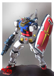  beam_cannon beam_rifle cable commentary_request earth_federation energy_gun gradient_background gundam highres mecha mecha_focus mobile_suit mobile_suit_gundam no_humans original redesign robot roundel rx-78-2_gundam science_fiction shadow shield shoulder_cannon signature taiga_hiroyuki translation_request v-fin weapon yellow_eyes 