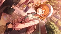  1girl bag beret black_skirt card_commentary commentary_request day dutch_angle game_asset hat holding holding_bag idolmaster idolmaster_million_live! idolmaster_million_live!_theater_days long_sleeves looking_at_viewer official_alternate_hairstyle official_art open_mouth orange_hair outdoors pink_shirt pleated_skirt shirt shopping_bag shopping_district short_hair skirt smile solo_focus third-party_source white_hat yabuki_kana yellow_eyes 