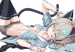  1girl animal_ear_headphones animal_ears aruota barcode barcode_tattoo black_thighhighs bracelet breasts cat_ear_headphones cat_ears cat_tail fake_animal_ears headphones highres indie_virtual_youtuber jewelry knees_up lying navel no_bra on_back paw_pose shorts small_breasts solo tail tattoo thigh-highs virtual_youtuber 