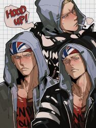  1boy bandana billy_kane black_jacket blonde_hair blue_eyes blush closed_mouth collarbone commentary earrings english_text grey_jacket grid_background highres hood hood_up hooded_jacket jacket jewelry multiple_boys open_clothes open_jacket plasticcero99 print_shirt red_shirt scowl shirt short_hair simple_background smoking the_king_of_fighters the_king_of_fighters_xiv torn_clothes torn_shirt untranslatable_commentary white_background 