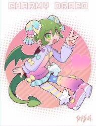  1girl artist_name bag blue_bow blue_pantyhose blue_skirt bow bun_cover character_name commentary_request double_bun draco_centauros draco_centauros_(charmy) dragon_girl dragon_horns dragon_tail dragon_wings full_body green_eyes green_hair green_wings hair_bun hand_up heart horns leg_warmers mary_janes open_mouth pantyhose pink_bow pink_leg_warmers pink_shirt pink_shoes pleated_skirt pointy_ears polka_dot polka_dot_pantyhose purple_bow purple_shirt puyopuyo puyopuyo_quest shirt shisui shoes shoulder_bag single_leg_warmer skirt smile solo striped_clothes striped_pantyhose tail v white_bag wings yellow_bow 