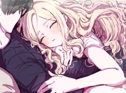  1boy 1girl absurdres black-framed_eyewear black_hair black_shirt blonde_hair blush commentary_request gakuen_idolmaster glasses hetero highres idolmaster juo_sena kasasagi_(futagodori888) long_hair lying lying_on_person multicolored_hair on_back on_stomach pink_streaks producer_(idolmaster) shirt short_sleeves sleeping streaked_hair t-shirt very_long_hair white_shirt 