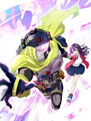  1boy 1girl absurdres breasts cape commentary gamer_driver highres holding_hands jacket kamen_rider kamen_rider_ex-aid_(series) kamen_rider_snipe_(shooting_gamer_level_2) long_hair long_sleeves open_clothes open_hand open_jacket open_mouth orion pleated_skirt purple_hair saiba_niko shirt shoelaces shoes skirt smile teeth tokusatsu upper_teeth_only violet_eyes white_shirt 