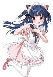  1girl animal_ears apron blue_hair blush cat_ears dot_nose dress eluthel frilled_dress frills heart heart_hands highres idolmaster idolmaster_cinderella_girls long_hair looking_at_viewer maid_headdress pantyhose pink_dress red_eyes sajo_yukimi short_sleeves simple_background smile solo standing standing_on_one_leg white_background white_pantyhose 