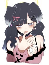  1girl alternate_costume animal_ears black_hair blue_archive blue_eyes bow choker collar commentary_request dog_ears dog_girl earrings fang fishnet_top fishnets frills hair_bow hair_ornament halo heart heart_choker hibiki_(blue_archive) highres jewelry jirai_kei light_blush long_hair long_sleeves mask mask_pull mouth_mask off-shoulder_shirt off_shoulder open_mouth pink_shirt raised_eyebrows shirt simple_background single_earring solo ugugu upper_body white_background 