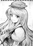  :d bust graphite_(medium) hat kamishirasawa_keine long_hair monochrome open_mouth portrait rsk smile solo touhou traditional_media 