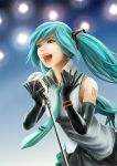  aqua_eyes aqua_hair elbow_gloves gloves hatsune_miku microphone microphone_stand necktie open_mouth singing solo takayan_(00takayuki00) twintails vocaloid 