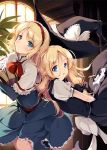 alice_margatroid back-to-back blonde_hair blue_eyes blush book book_hug bow capelet dress face grin hair_bow hairband hat hat_removed headwear_removed ke-ta kirisame_marisa multiple_girls smile touhou witch witch_hat 