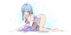  antenna_hair bad_anatomy bad_leg bare_shoulders barefoot blue_eyes blue_hair denpa_onna_to_seishun_otoko feet highres long_hair long_image no_bra no_pants off_shoulder open_clothes open_shirt panties sakura_sora seductive_smile shirt smile solo striped striped_panties touwa_erio underwear very_long_hair wide_image 