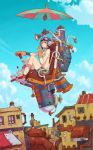  bare_shoulders bike_shorts bikini_top blue_eyes boots brown_hair choker city cloud clouds drink drinking flying from_below gloves goggles goggles_on_head helmet highres looking_at_viewer navel original parasol short_hair sky solo straw tanuki_koubou umbrella 