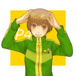  brown_hair glasses glasses_on_head persona persona_4 satonaka_chie short_hair smile smiley_face track_jacket yellow-framed_glasses 