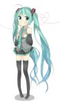  1girl ahoge aqua_hair blue_eyes boots character_name detached_sleeves hatsune_miku headset long_hair necktie skirt solo thigh-highs thigh_boots twintails very_long_hair vocaloid white_background 