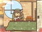  akihiyo animal_ears blush_stickers bowl brown_hair cat_ears cat_tail chen chibi closed_eyes door earrings eyes_closed fang food fruit hat jewelry kotatsu multiple_tails open_mouth orange smile solo table tail teapot touhou window 