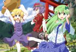  blonde_hair blue_dress blue_eyes detached_sleeves dress frog green_eyes green_hair hair_ornament hair_ribbon hand_in_hair hand_on_hat hat kochiya_sanae leaning_back moriya_suwako mountain multiple_girls open_mouth red_eyes ribbon river shirt skirt snake thigh-highs thighhighs tksymkw torii touhou tree tsurukou_(tksymkw) valley white_legwear yasaka_kanako zettai_ryouiki 