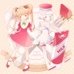  blonde_hair blue_eyes food food_as_clothes food_themed_clothes fork fruit green_eyes hat matsurika multiple_girls original red_hair redhead strawberry thigh-highs thighhighs twintails 