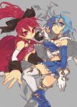  armpits bare_shoulders blue_eyes blue_hair boots bow detached_sleeves empew gloves hair_bow hair_ornament hand_holding high_heels holding_hands long_hair magical_girl mahou_shoujo_madoka_magica miki_sayaka multiple_girls ponytail red_eyes red_hair redhead sakura_kyouko shoes short_hair skirt soul_gem thigh-highs thighhighs white_legwear zettai_ryouiki 