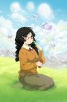  braid brown_hair bubble bubble_blowing cloud clouds freckles glasses grass kaze-hime kuragehime kurashita_tsukimi long_hair pants sweater twin_braids 