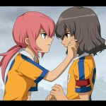  armband blue_eyes brown_eyes brown_hair inazuma_eleven inazuma_eleven_(series) inazuma_eleven_go kirino_ranmaru letterboxed long_hair male mizuhara_aki multiple_boys pink_hair raimon shindou_takuto short_hair soccer_uniform tears twintails wiping_tears 