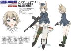  anna_mcbein blonde_hair blue_eyes character_profile character_sheet freckles garrison_cap gun hat hawker_hurricane jacket machine_gun military military_uniform no_pants ogitsune_(ankakecya-han) original revolver strike_witches strike_witches_1940 striker_unit translation_request uniform weapon world_war_ii wwii 