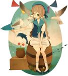  barrel bird blush box brown_hair dolphin flag flower green_eyes hat long_hair open_mouth original plant post potted_plant ruchiru seagull sitting smile solo twintails 