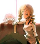  blouse cloud_palette couch drill_hair kyubey leggings long_hair mahou_shoujo_madoka_magica pantyhose tomoe_mami twin_drills twintails yellow_eyes 