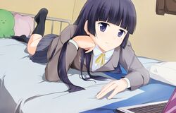  bed bedrrom black_hair blue_eyes computer doll gokou_ruri highres laptop long_hair nanase_nanami octopus on_stomach ore_no_imouto_ga_konna_ni_kawaii_wake_ga_nai school_uniform seifuku smile solo stuffed_animal stuffed_toy 