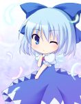  bad_id blue_dress blue_eyes blue_hair bow chibi cirno dress fujisaki_kaon hair_bow hand_on_own_face hand_to_face solo touhou wink 