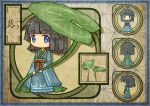  asa_no_ha_(pattern) black_hair blue_eyes blush_stickers character_sheet fairy from_behind japanese_clothes kimono leaf leaf_umbrella original personification solo translated translation_request 