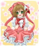  brown_hair card_captor_sakura child dress frills fuuin_no_tsue gloves green_eyes hat highres iroha_(hime0x0) kinomoto_sakura thigh-highs thighhighs wand 