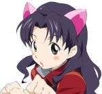  animal_ears bangs black_eyes black_hair blush cat_ears coat cosplay crossover face hummy_(suite_precure) hummy_(suite_precure)_(cosplay) katsuragi_misato long_hair mitsuishi_kotono neon_genesis_evangelion open_mouth parted_bangs precure pretty_cure seiyuu_connection seiyuu_joke solo suite_precure suite_pretty_cure umanosuke 